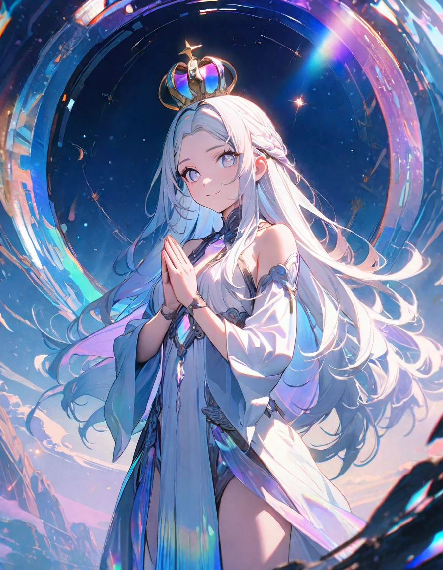(8K, best quality, master piece: 1.2),super high resolution,1 girl is Aphrodite,18yo,solo,ultra-detailed face,detailed eyes,smile,white hair,bangs,long hair,arched crown ,(Aphrodite),straight hair,(iridescent light:1.4),standing,praying hands,Look at viewer,beautiful Background,Celestial Constellations