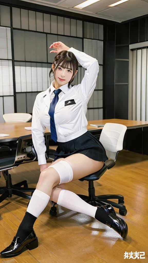 LAHO Beauty。Very sexy、Office lady with strong sexual desire。35-year-old OL、The beauty of a suit、A cool beauty with huge breasts that spill out of her undershirt、career woman、The Beauty of Japan、The button on my chest is about to come off、Urzan-6500-v1.1、(RAW Photos:1.2)、(Realistic)、(Genuine:1.4)、(Peace Fly)、A calm woman wearing a checked vest、Large bust body type。Miniskirt with exposed thighs、legs are plump。(Ultra-realistic black Nike logo socks:Panty visible pose、There is a stain on the panties:1.2)。Japanese Goddess、Wearing black high heels、Sexy look with black socks、((Full Body Shot:1.16))、The knee-length socks with the Nike logo are eye-catching.。Nike logo on socks。Wearing black pin heels