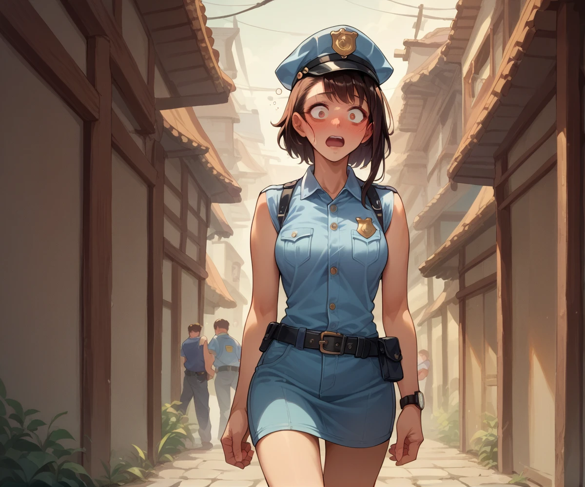 Japanese beauty naked,Police Belt,Watch on wrist,Drunk,Surprised by hiccups、Standing in front of a white wall、Above the knee shot