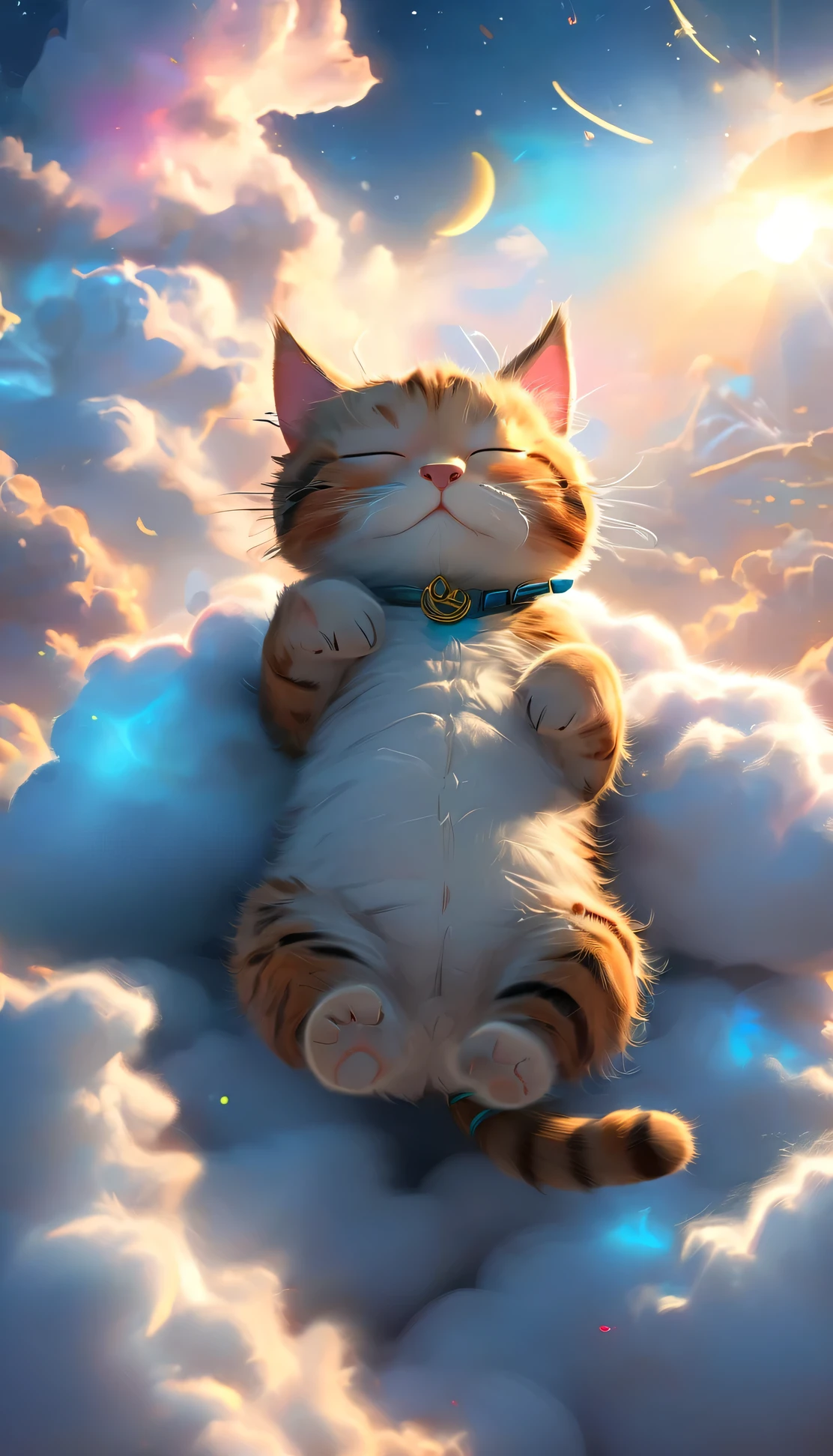 A cat is lying on a cloud,Eyes closed,Appears throughout the body, cute catのアニメビジュアル, Cute numbers, Beautiful and detailed digital art, cute numbersArt, cgstation Popular Topics, anime cat, Cat dream cat, Cat dream cat, Have a nice dream, cute cat, Fantasy Illustration, Nice 3D rendering, dream night, Animation-style rendering, Sleeping cat