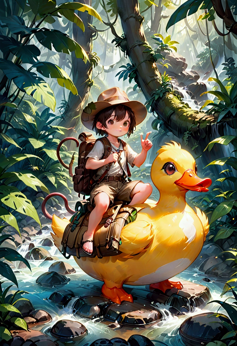 1boy, adventurous jungle explorer, Jungle Adventure, anthropomorphic cute little mouse dressed like "Indiana jones" riding in the saddle on large duck down rapids down mountain stream. saddle bags, bed roll, camping gear, in jungle insanely detailed matte painting by Wadim Kashin, James Gurney, 16k resolution, fine art, natural light, masterpiece, best quality, very aesthetic, absurdres