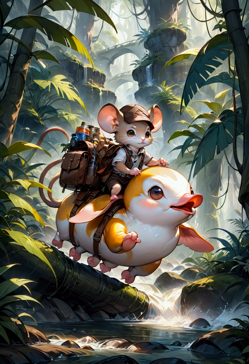 1boy, adventurous jungle explorer, Jungle Adventure, anthropomorphic cute little mouse dressed like "Indiana jones" riding in the saddle on large duck down rapids down mountain stream. saddle bags, bed roll, camping gear, in jungle insanely detailed matte painting by Wadim Kashin, James Gurney, 16k resolution, fine art, natural light, masterpiece, best quality, very aesthetic, absurdres