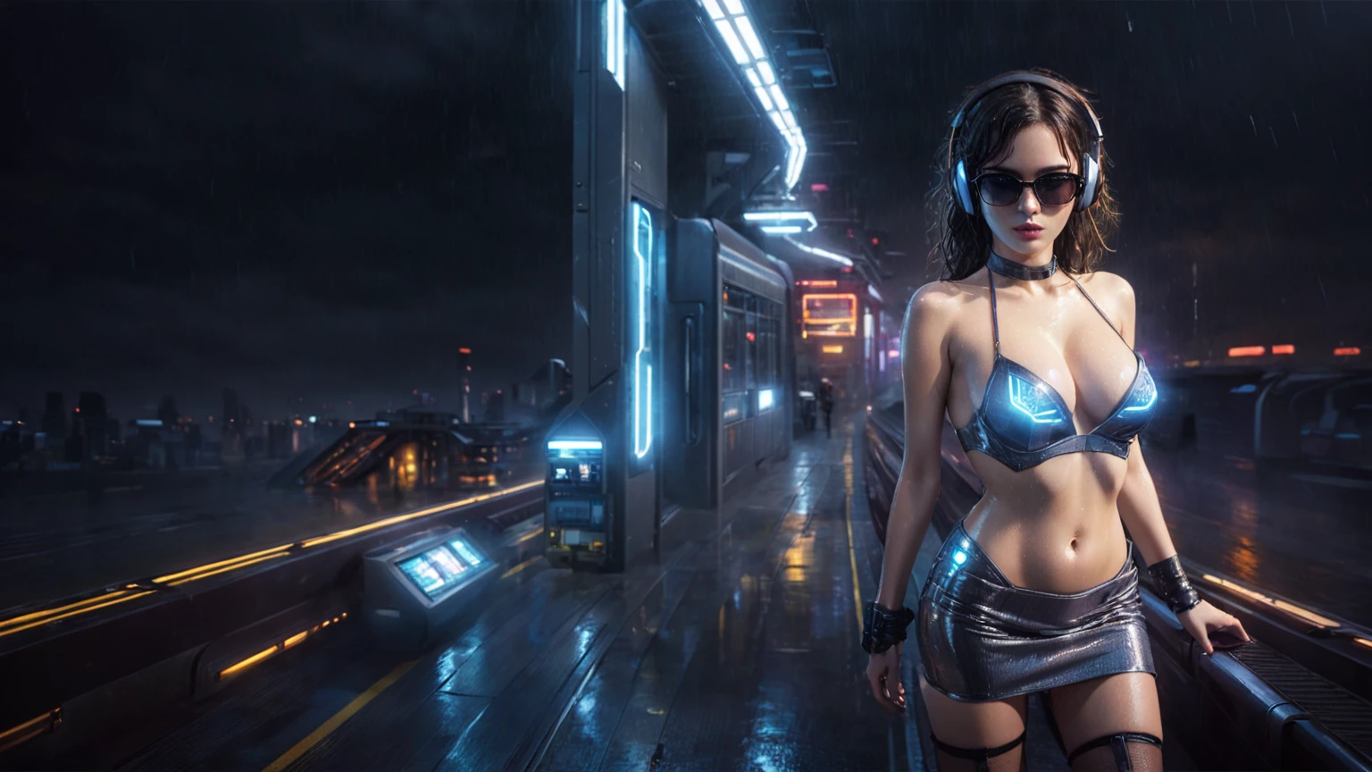 (((aerial view))), Blade Runner style futuristic railway platform, hi-tech train, neon lights, rainy night. (1girl, solo, alone), large-breast:1.2 slim body, cleavage:1.1, sexy wind blowing wet dress:1.4, headphone, (micro:0.8 black sunglasses), ((((((she raised a pistol:1.8 and shot:1.8 the viewer))))), dynamic pose, (((half-body thigh level medium shot))), cinematic lighting, lens flare, ray tracing, blurred:1.4 background.