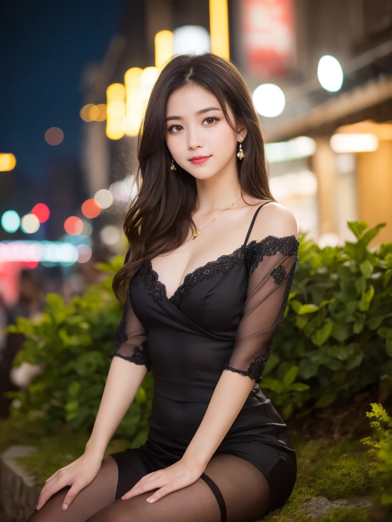 ((Highest quality, 8k, masterpiece :1.3)), One girl, smile, whole body, Slim face, Beautiful woman, (Dark brown hair), Full-length dress :1.1, Ultra-realistic pantyhose、Highly detailed face, Detailed eyes, double eyelid,  Blur the background, Slim face, Night garden、Silence、Feeling of love、