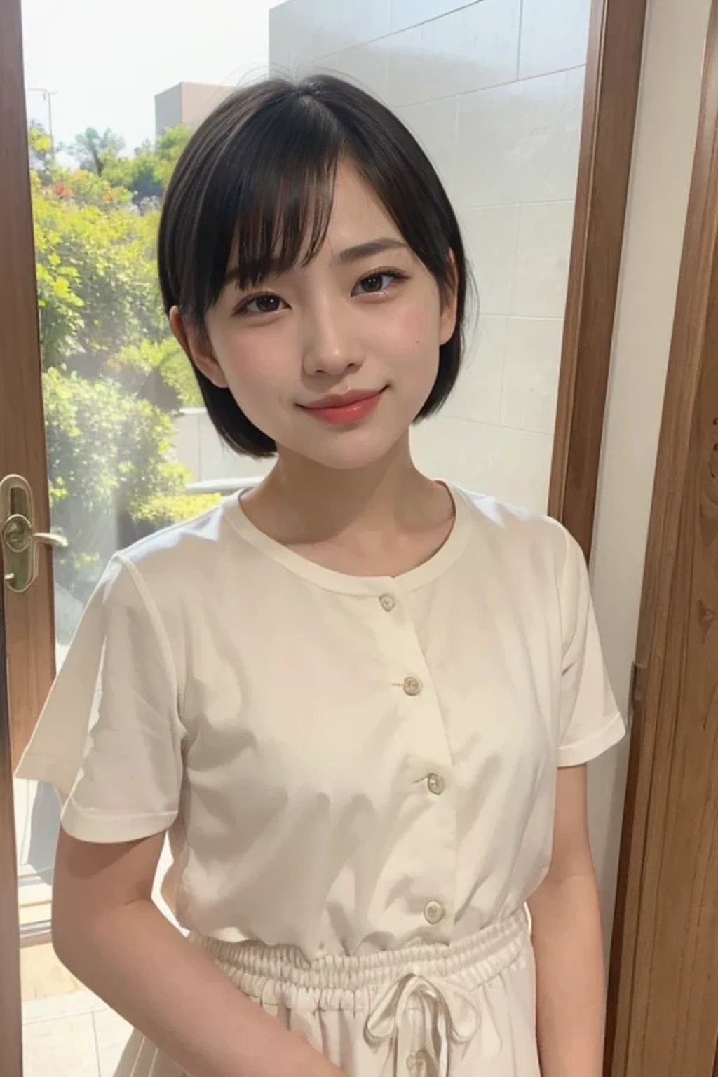 (natural lighting:1.3), 8k, RAW photo, best quality, masterpiece, realistic, photo-realistic, clear, beautiful face, no makeup, best quality, ultra high res, BREAK, Japanese cute girl, , (short cut hair:1.2), smile, standing