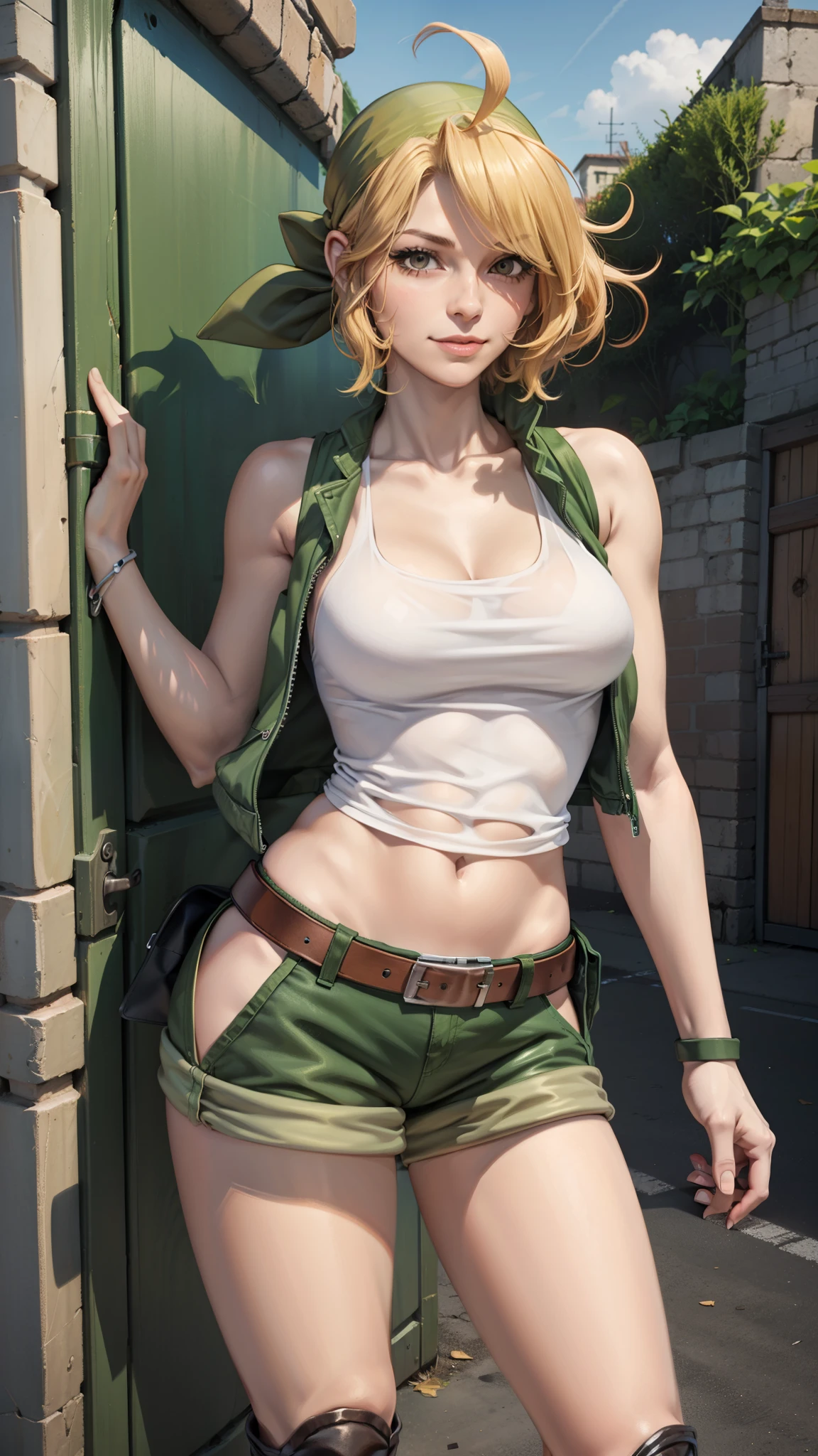 score_9,score_8_up,score_7_up,score_6_up,official art,solo,outdoor,smile,looking at viewer,facing viewer,Eri Kasamoto,green bandana,short hair,blonde hair,wavy hair,sidelocks,bangs,ahoge ,yellow eyes, collarbone, cleavage, midriff, green vest, tank top, white top, medium breasts, bracelet, navel, belt, brown shorts, short shorts, rolled up shorts, hip ventilation, fanny pack, knee pads, green shoes, boots,