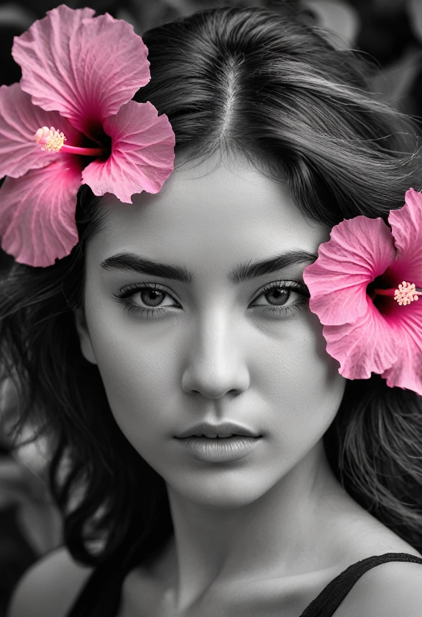 A black and white photo in raw format, zooming in on the intricate details of a young woman's face, shot with a solitary striking Pink Hibiscus, adding a touch of softness and femininity to the composition, enhancing the dramatic contrast and textures of the monochrome image.
