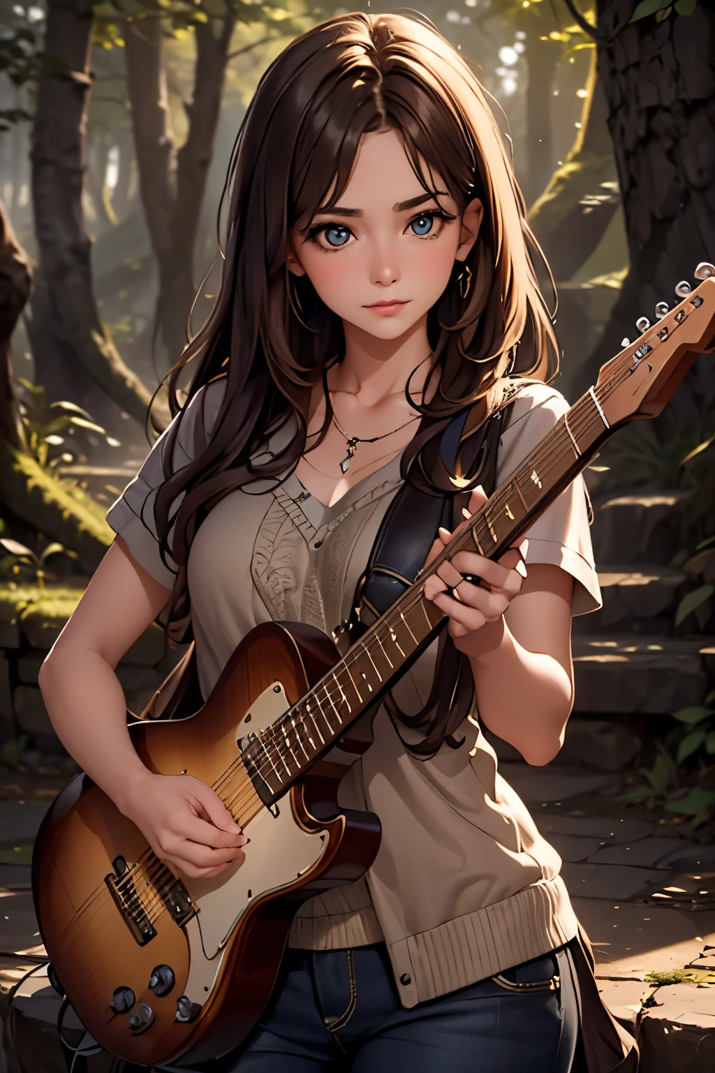 Create an awe-inspiring digital artwork that captures the serene beauty of an ancient forest at twilight. The scene should feature towering trees bathed in soft, golden light filtering through the foliage, casting gentle shadows on the lush undergrowth. a girl playing electric guitar,beautiful detailed eyes,beautiful detailed lips,extremely detailed eyes and face,longeyelashes,solo musician,electric guitar,rock music,stage performance,dramatic lighting,dark background,cinematic,photorealistic,studio lighting,8k,best quality,masterpiece,ultra-detailed,vibrant colors,dramatic shadows, The image should evoke a sense of tranquility and wonder, inviting viewers to immerse themselves in the enchanting realm of nature.