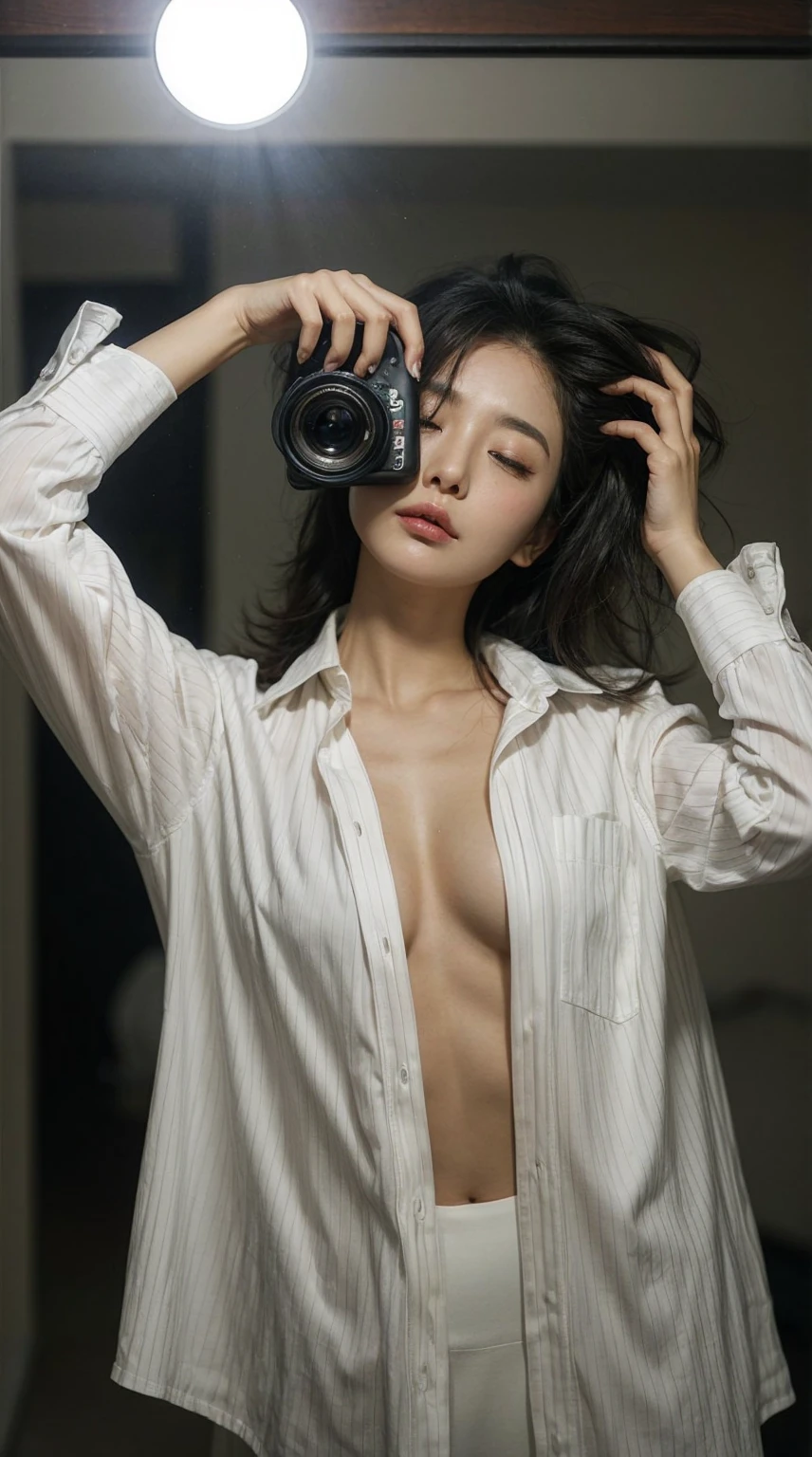 A korean woman takes a mirror selfie with a Canon EOS camera. The camera's flash illuminates the scene, creating a bright glare in the mirror. she has a pear body shape with an larged-size breast, She wears a bright red, vertically striped blazer with rolled-up sleeves, left open to reveal her bare larged-size breast. Her expression is serene, with her eyes slightly closed and her head tilted slightly to one side as she touches her hair with her other hand, messy wavy hair. The background appears dim, giving prominence to the subject in the foreground.