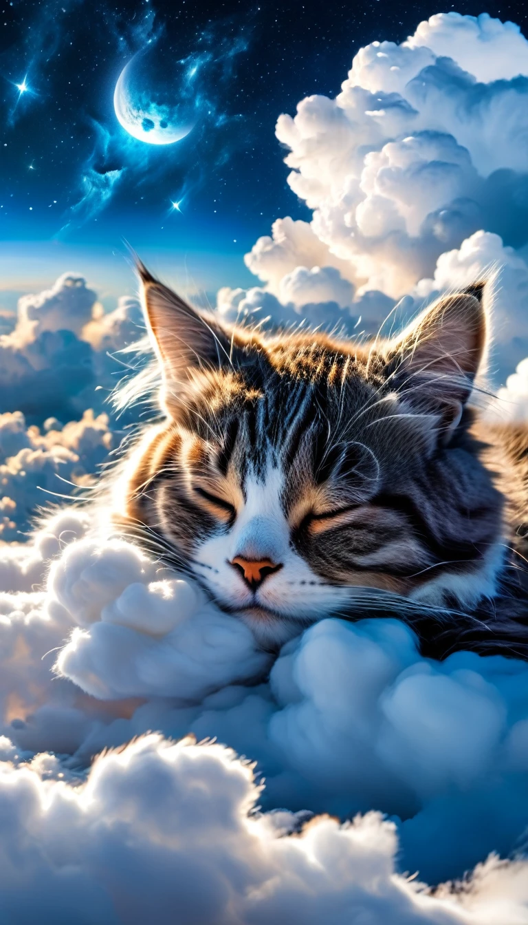 ((perfect face)), ((best quality)),UHD, 4k, Wallpaper, high quality photography, portrait of cute cat sleeping on cloud ADDCOMM
night sky, blue sky ADDROW
sleeping cat tusun, tusuncub ADDROW
Soft clouds, (white cloud:1.6)
