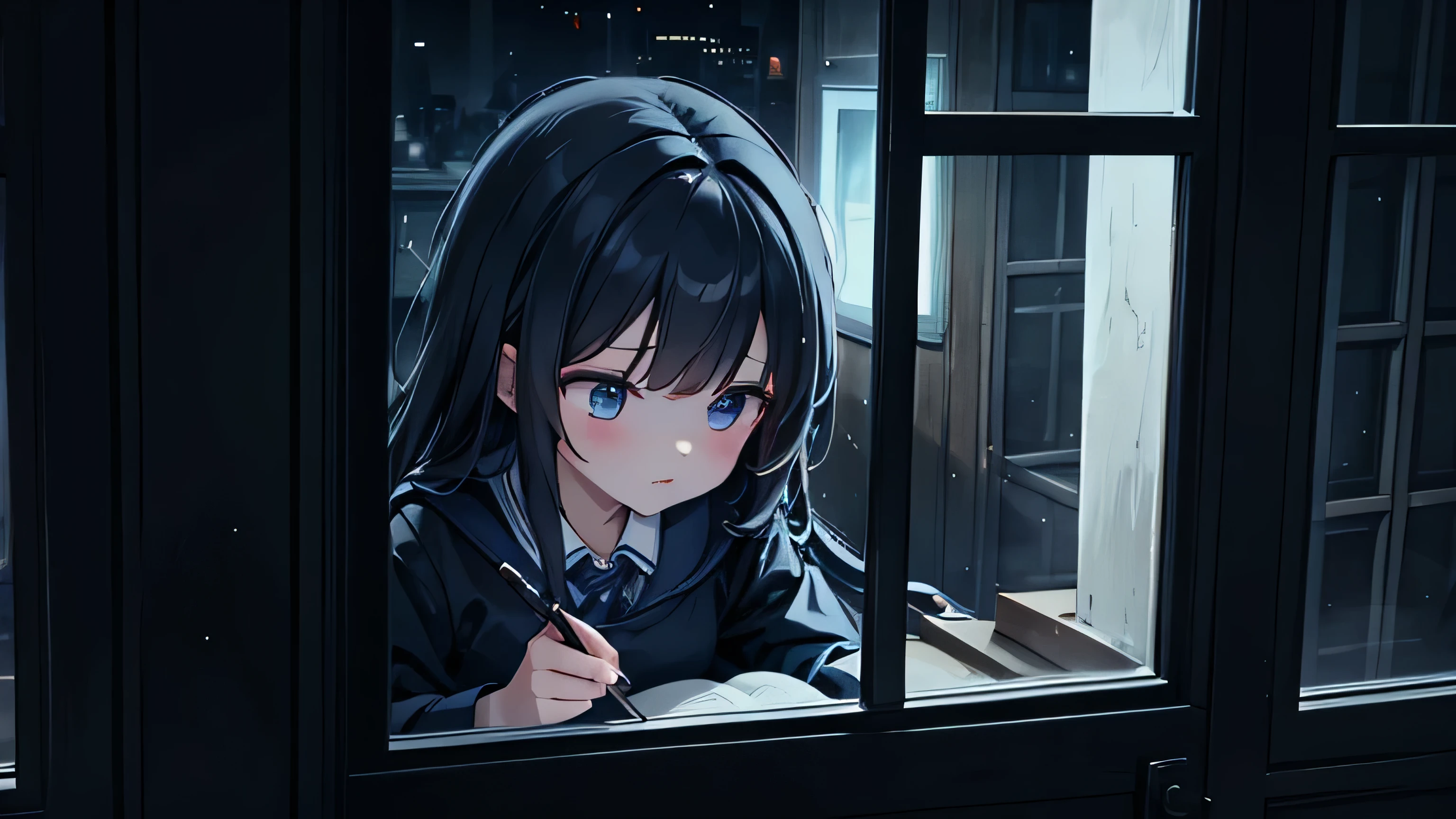 At night, outside the window, it is dark and a girl is studying