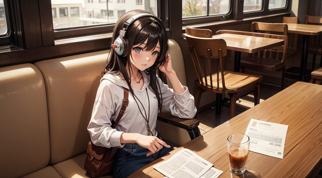 Girl with headphones enjoying music in a cafe I am studying Emphasize a little bit of the chest