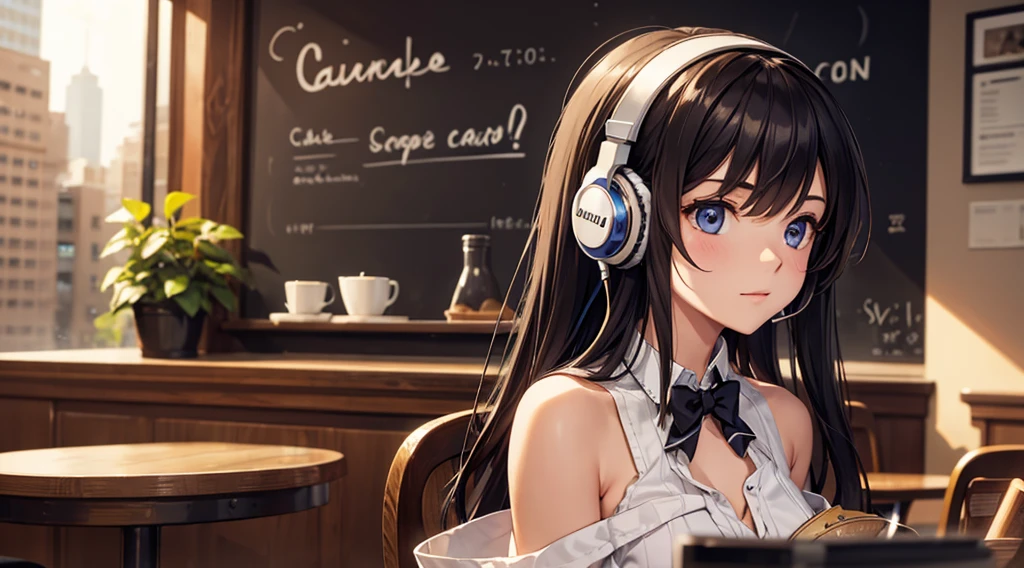 Girl with headphones enjoying music in a cafe　I am studying　Emphasize a little bit of the chest