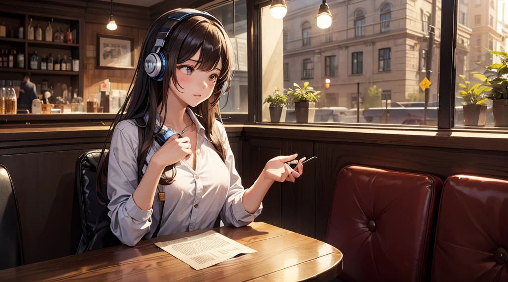 Girl with headphones enjoying music in a cafe I am studying Emphasize a little bit of the chest
