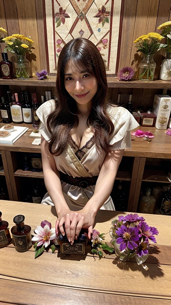Roman and Egyptian women together making perfumes on a wooden table with many flowers and several bottles of luxurious perfumes
