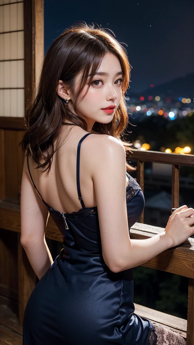 (On the veranda of a traditional Japanese house), masterpiece, light makeup, red lips, beautiful hair, (Medium hair:1.3), elegant, Very fine details, masterworks, authentic texture, cinematic lighting realism, perfect work, 16k, high resolution, exquisite features, brown eyes, (Ultra-high resolution eye:1.1), Japanese idol, beautiful face, (gentle smile like a goddess), attractive, well-shaped breasts, beautiful cleavage, shiny skin, ((Navy camisole dress decorated with fine lace:1.3)), break, bright big eyes, smooth skin, earrings, necklace, standing position, (ground level shot:1.2), (sitting on the veranda corridor), ((A beautiful girl watching multiple fireworks twinkling in the night sky from the veranda)), ((A collaboration of large fireworks and smaller fireworks that light up the surrounding area)),(((A back view of someone watching fireworks. The eyes are not on the camera but on the fireworks outside.))),((A large firework is displayed in the center of the screen, and the back of a beautiful woman is looking up at the fireworks.)),((Turn your back and don't look at the viewer:1.5))