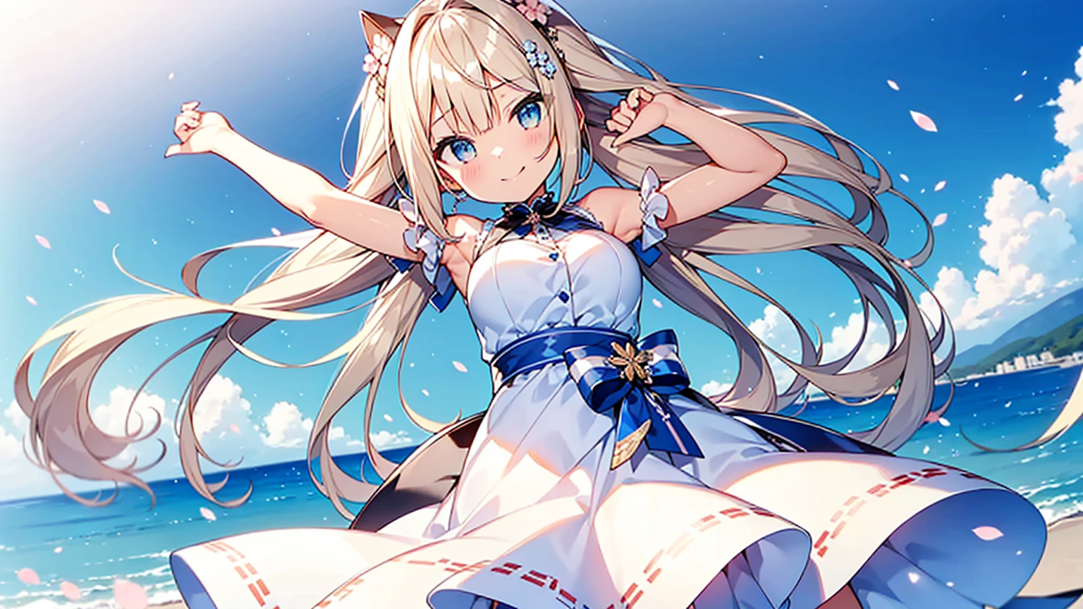 Are standing.Tabletop, Highest quality,shape, wallpaper, Very detailed, A ridiculously beautiful sky, 1, blonde,Two-tone hair,Blue inner color hair, Very detailed and beautiful eyes , Hair blowing in the wind、:○、Small Head、Bright blue sky、(Panorama:1.5),Hearts are drawn in the eyes,Twin tail hairstyle,beautiful girl,pretty girl,smile,look up,Large Breasts,White and light blue ruffle dress,Gal,Cross your arms behind your body、Lean forward slightly、She has two blue hairpins in her hair.、A lot of cherry blossom petals flutter