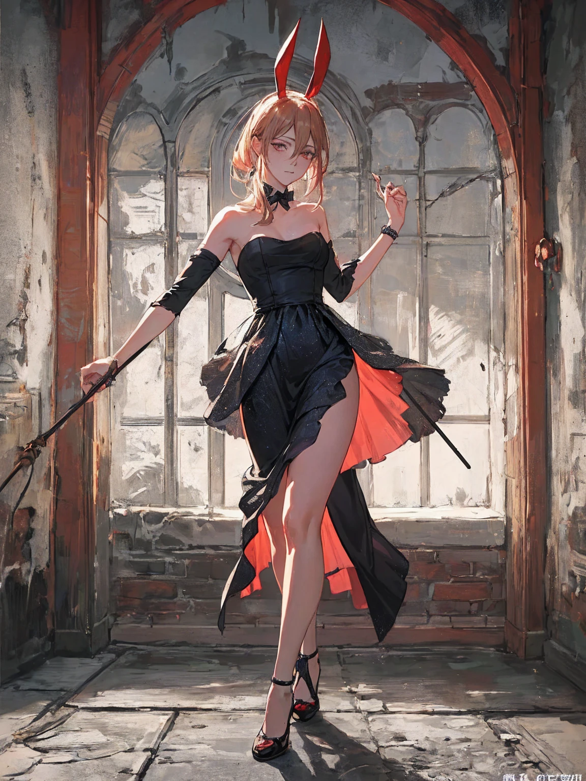 ((１woman)),((A black strapless dress with white frills at the hem of the skirt:1.9, Bunny headband, High heels, Has a walking stick, Red Corner)), masterpiece，Red Corner, ((Red Corner)), full body, (masterpiece, Highest quality, 8k, 1 person, A perfectly balanced body, Official Art、Highest quality、Unity 8k wallpaper、32K、masterpiece、Ultra-detailed、high resolution、Realistic、Photorealistic:1.2), , clavicle:1.2,
