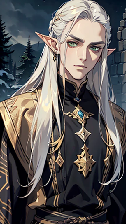 Masterpiece, high quality, Single man, Ethereal, handsome, masculine, broad shoulders, portrait, two metres long silver hair, straight hair, flowy hair, hair cascades down the ankles, show forehead, white eyebrows, yellow skin, gold skin, altmer, elf, pointy ears, vibrant green eyes, colorful, black colors, wearing a black mage's uniform, Thalmor, wearing a black robe, The face is smug, arrogant, juniper tree in the background, night time, juniper tree, Rich in color, close-up shot, bust photo, do not show hand, Look at viewer.