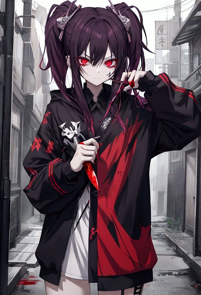 The image depicts a character, a sinister anime character with a cunning yet created aura. She is bloody, holding a knife and feeling deranged, resulting in anxiety and fear. The sight of ten at the same time is sexually exciting. Figure ragged but modern clothes in arcade, casual and street style. despite its dark nature, there is hidden beauty.