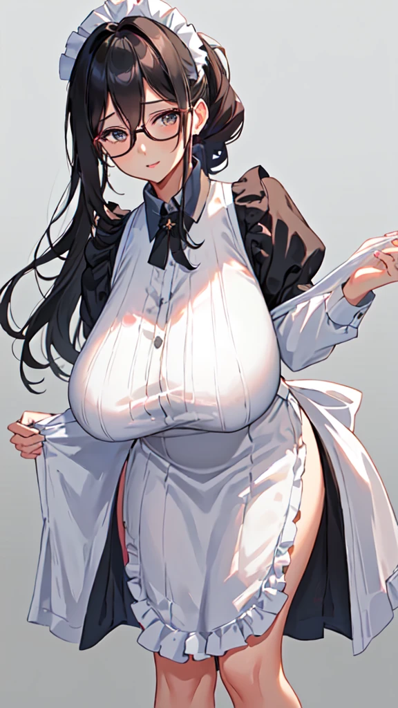 {{masterpiece}},high quality, 4K, 2D,depth of field, 1 girl,{simple gray background},(45 year old woman,mature female:1.2),milf,standing,(sagging breasts:0.7),(gigantic breasts:1.4),maid,front face,{{tareme}},ponytail, black hair,,plump,impossible clothes, {from right in front of face and body},View viewers from front,{front facing shot},Wear glasses,(serious:0.2)