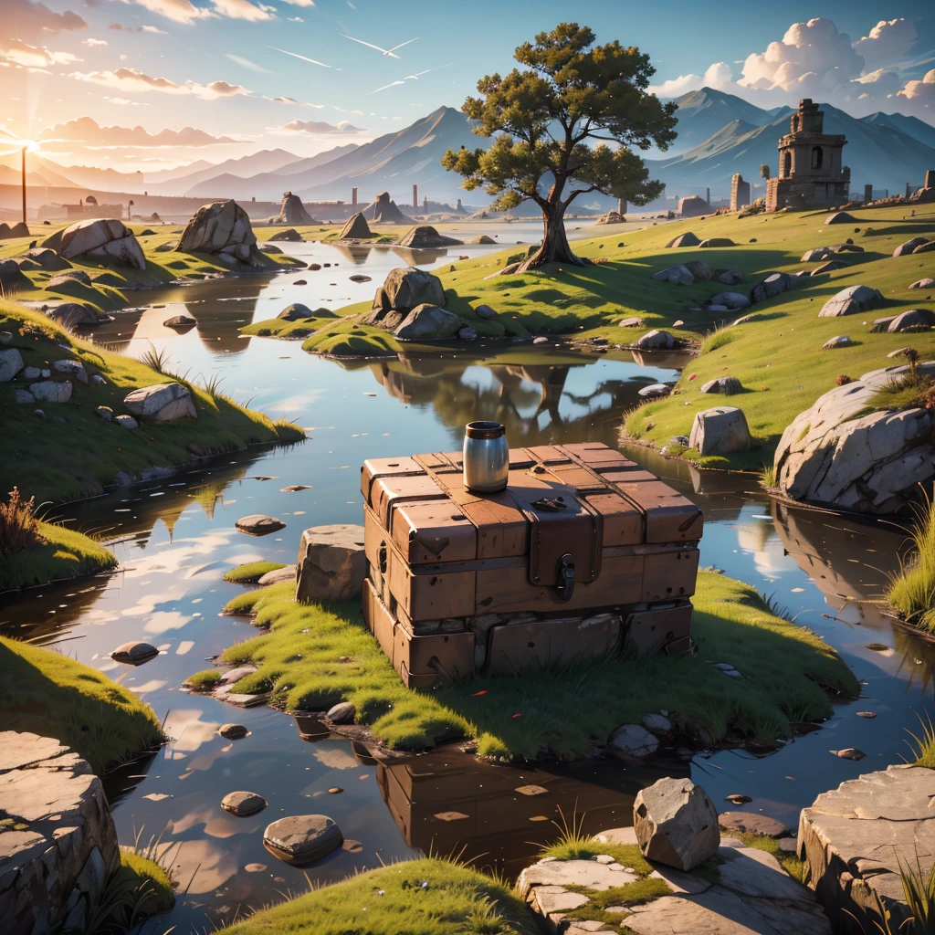 large rusty cylindrical piece on a rocky area with grass, puddles, Stones, in the foreground is a pair of wooden boxes, beautiful sky and rocks in the distance, post apocalypse