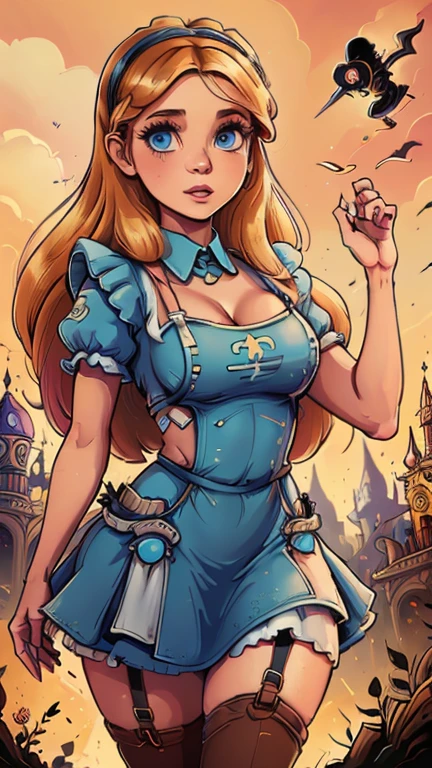 (Dominican: Caribbean:1girl: AliceWonderlandWaifu,SteamPunk), (extremely detailed CG unit 8k wallpaper),(master part), (best quality), (ultra detali), (best illustration),(melhor ombre), cowboy shot, (Sharp eyeliner, ombre, detailedeyes:1), Disney Castle background, ,break , (star15escola:1.2), hair ornament,long hair ,blonde hair, Cameltoe, blue eyes, blue dress, white pantyhose, apron, black hairband