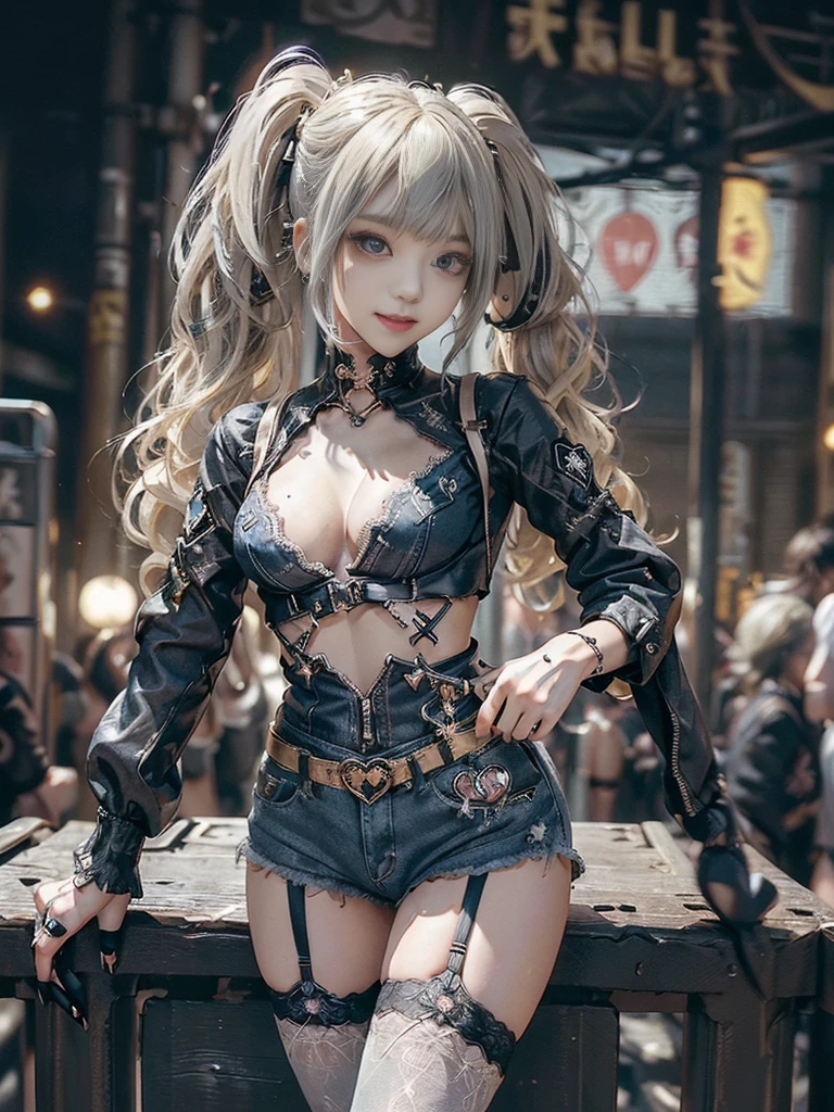(Full Body View:1.2)、(Full body:1.3)、(Smiling with teeth showing:1.3),(Shibuya Gal:1.5)、(Beautiful:1.4)、(gothic  fashion:1.5)、(Punk RockVisual Kei:1.3)、(Futuristic baby doll in black, white and denim:1.5)、(A delicate jacket in beige, black and navy:1.5)、(Denim garter belt:1.5)、(Denim and black and white bodysuit:1.4)、(Heart-shaped silver accessories:1.5)、(Brown Skin Belt:1.4)、(Blue High Heels:1.4)、(Lace patterned underwear:1.4)、28 years old、NSFW,((Highest quality、In 8K、masterpiece:1.3))、Sharp focus:1.2、(Layered Cut、Beautiful boobs:1.1),Beautiful woman with perfect figure:1.4、(Doing an aerobics pose:1.3)、Slender Abs:1.2、Butt、Highly detailed face and skin texture、Detailed eyes、double eyelid,(Twin tails:1.3)、(Light gold colored hair:1.3)、Obscene、Gravure idol、(Luxurious amusement park at night:1.3)、(Make your legs thinner:1.4)、(Thin thighs:1.4)、(Slim Body:1.3)、(clavicle:1.1)