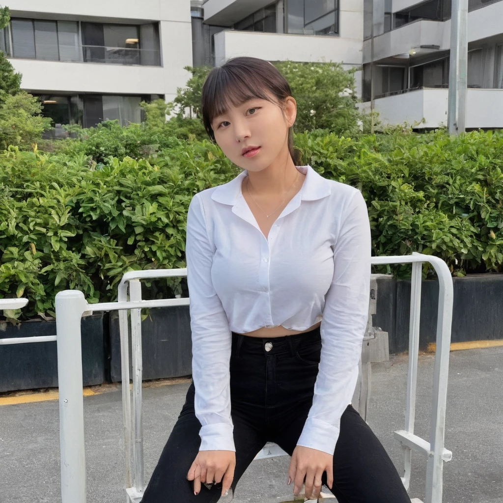 eunjiXL wearing a white shirt and black jeans, sitting on a metal railing. She is posing for the camera, with her hand on her head. The scene takes place in a parking lot, where several cars are parked in the background. There are at least five cars visible in the lot, with one car on the left side, two cars in the middle, and two cars on the right side. The woman appears to be the main focus of the scene, and her outfit and pose create a stylish and confident impression.