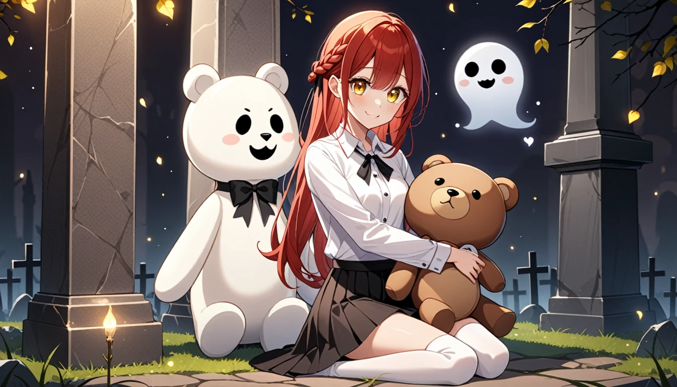 hand, hand, long hair, รอยsmile, smooth, small breasts, (yellow eyes:1.2), long hair, red hair, braided ponytail, big eyes,นั่วHug a teddy bear,sexy,full body,Sitting position,Hug a teddy bear,smile,flirt,grave background,ghost,วิญญาณ
Take a break shirt, long sleeve, white shirt, dress shirt, skirt, black skirt, It's official., suit, black nightie, lady,
Take a break (Masterpiece:1.2), best quality, high resolution, Harmony wallpaper 8K, (illustration:0.8), (Beautifully detailed eyes:1.6), Very detailed face, perfect lighting, The CG is very detailed., (handที่สมบูรณ์แบบ, perfect anatomy),