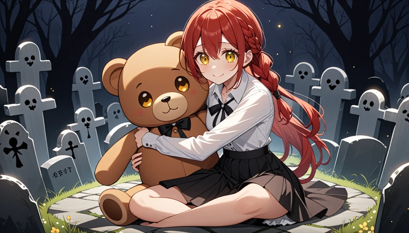 hand, hand, long hair, รอยsmile, smooth, small breasts, (yellow eyes:1.2), long hair, red hair, braided ponytail, big eyes,นั่วHug a teddy bear,sexy,full body,Sitting position,Hug a teddy bear,smile,flirt,grave background,ghost,วิญญาณ
Take a break shirt, long sleeve, white shirt, dress shirt, skirt, black skirt, It's official., suit, black nightie, lady,
Take a break (Masterpiece:1.2), best quality, high resolution, Harmony wallpaper 8K, (illustration:0.8), (Beautifully detailed eyes:1.6), Very detailed face, perfect lighting, The CG is very detailed., (handที่สมบูรณ์แบบ, perfect anatomy),