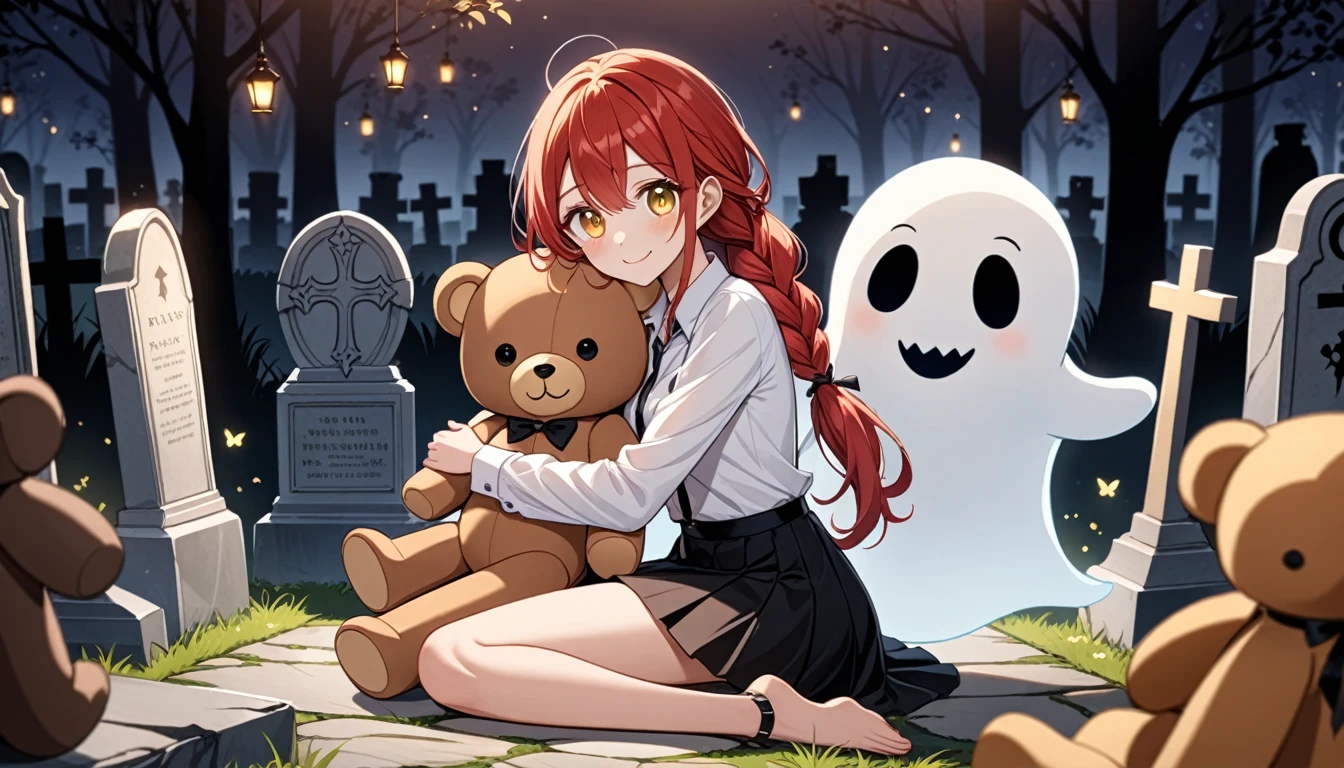 hand, hand, long hair, รอยsmile, smooth, small breasts, (yellow eyes:1.2), long hair, red hair, braided ponytail, big eyes,นั่วHug a teddy bear,sexy,full body,Sitting position,Hug a teddy bear,smile,flirt,grave background,ghost,วิญญาณ
Take a break shirt, long sleeve, white shirt, dress shirt, skirt, black skirt, It&#39;s official., suit, black nightie, lady,
Take a break (Masterpiece:1.2), best quality, high resolution, Harmony wallpaper 8K, (illustration:0.8), (Beautifully detailed eyes:1.6), Very detailed face, perfect lighting, The CG is very detailed., (handที่สมบูรณ์แบบ, perfect anatomy), 