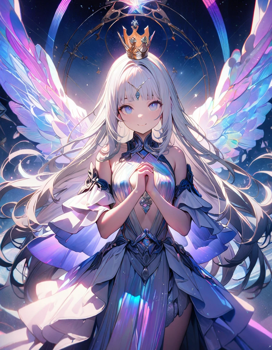 (8K, best quality, master piece: 1.2),super high resolution,1 girl is Aphrodite,18yo,solo,ultra-detailed face,detailed eyes,smile,white hair,bangs,long hair,arched little crown ,(Aphrodite),straight hair,(iridescent light:1.4),standing,praying hands,Look at viewer,beautiful Background,Celestial Constellations