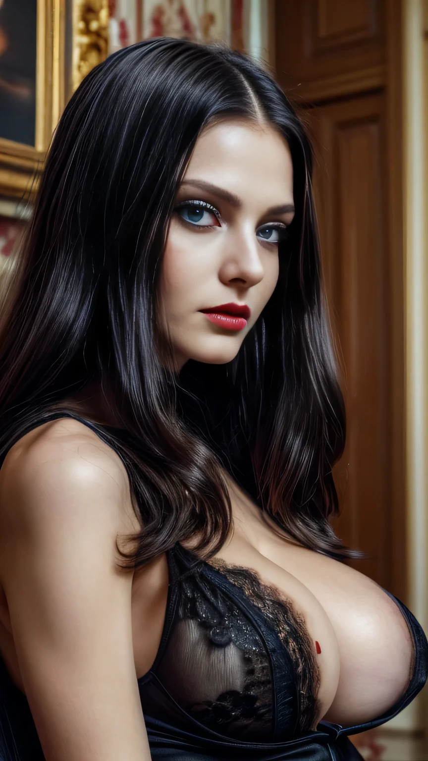 ((portrait close up)) ((very beautiful and gorgeous russian supermodel)) ((sad expression)) ((blue eyes)), ((very pale skin)) ((dark eyeshadows make up)) ((very red lips)) ((very long black hair covering one eye)) ((big :1.5)) ((skinny body:1.3)) ((wear black lace coat)) ((sit reclined on fluffy carpet floor)) ((inside black room has background at night, lights out, small room, empty room)) (()) ((high definition:1.5), ((masterpiece:1.5))((8k:1.5)) ((Best quality:1.4)), more_details:-1, more_details:0, more_details:0.5, more_details:1, more_details:1.5