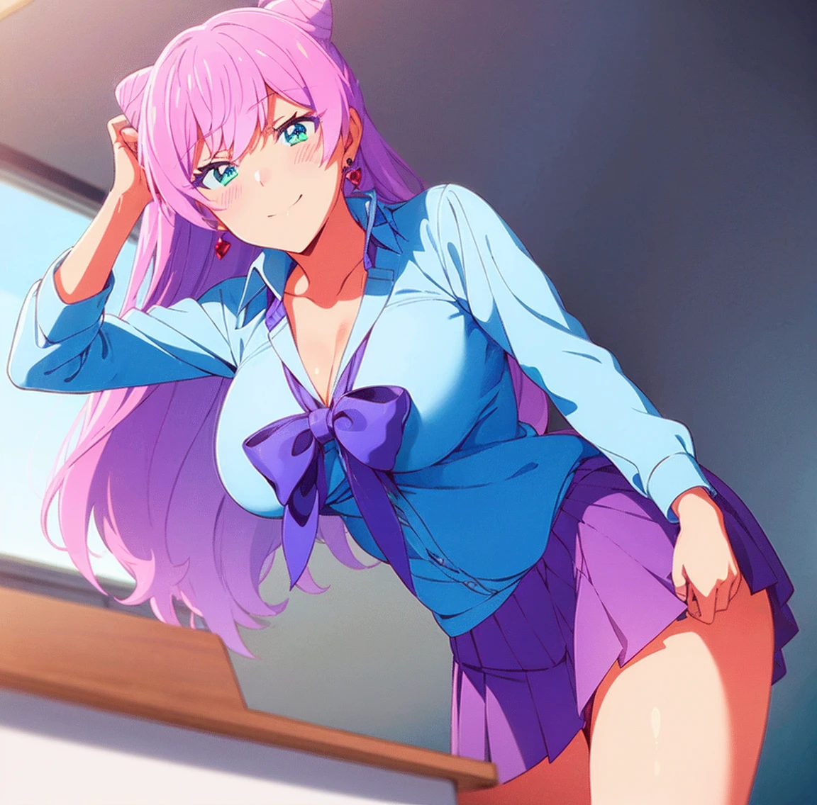 ((1girl)),((alone)), akari watanabe,(masterpiece), (best quality), (ultra detailed), (best illustration), (best shadow), (absurdities), sharp focus, cowboy photo , looking at viewer, big breasts, narrow waist, wide hips, medium thighs, round butt, dynamic posture, long hair, pink hair, blue eyes, blue bow, double bun, conical bun, skirt, long sleeve shirt, sleeves folded up the elbow, , jewelry, pleated skirt, earrings, blue skirt, short skirt, blue shirt, smiling, playful look, seductive smile, closed mouth, serious expression, (sexy pose: 1.2), ((solo)), standing: 1.3, indoor , school, classroom, desks, desk, window, sunset, looking forward ((focus on breasts), point of view (from below), red blush, perfect anatomy, perfect hands.