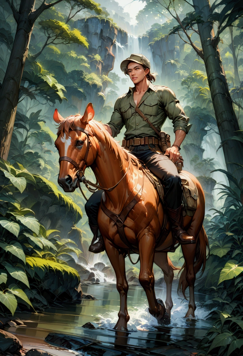 1boy, adventurous jungle explorer, Jungle Adventure, anthropomorphic cute little mouse dressed like "Indiana jones" riding in the saddle on large duck down rapids down mountain stream. saddle bags, bed roll, camping gear, in jungle insanely detailed matte painting by Wadim Kashin, James Gurney, 16k resolution, fine art, natural light, masterpiece, best quality, very aesthetic, absurdres