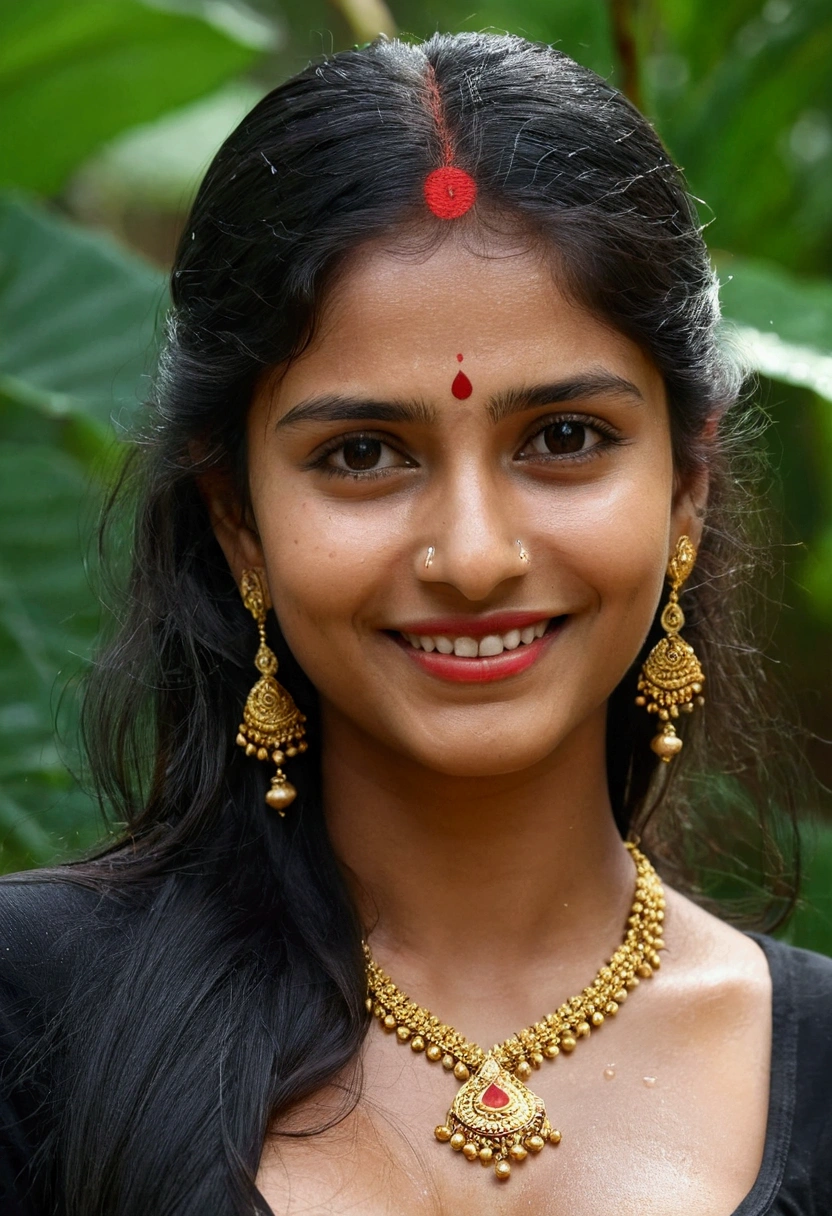 1girl, long hair, red bindi, gold ear ring medium, medium breast, black long sleeves top, small cleavage, light smile, detailed skin, pore, Indian, jungle background, water drops on face, light shower