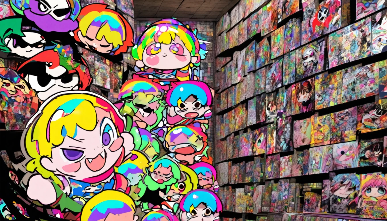 dark barred basement, a cute baby with evil smile, poorly drawn manga-style images, colorful patchwork of contrast magic