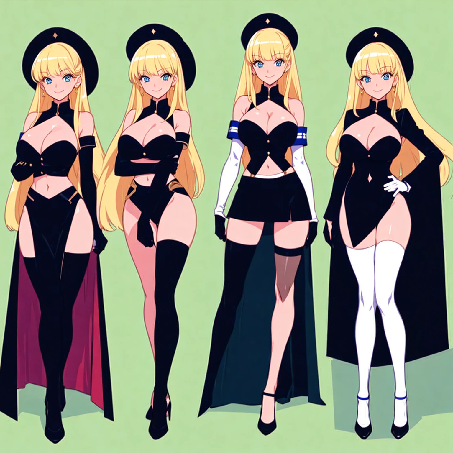 a series of four different images of women holding different sized things in front of them, breasts, blonde hair, blue eyes, cleavage, long hair, highleg, black footwear, thighhighs, hand on hip, hat, thighs, smile, navel, bangs, looking at viewer, holding, huge breasts, gloves, long sleeves, full body