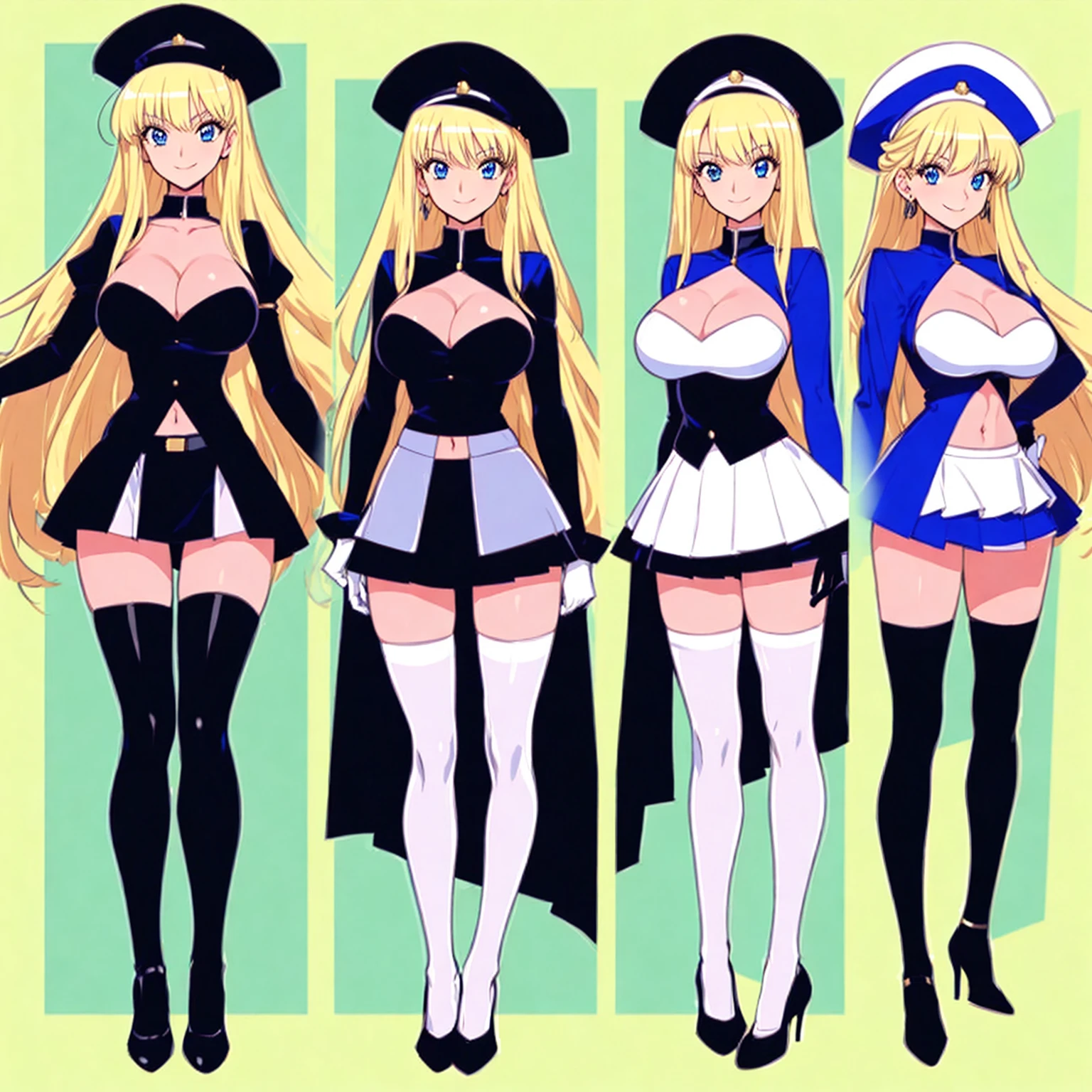 a series of four different images of women holding different sized things in front of them, breasts, blonde hair, blue eyes, cleavage, long hair, highleg, black footwear, thighhighs, hand on hip, hat, thighs, smile, navel, bangs, looking at viewer, holding, huge breasts, gloves, long sleeves, full body