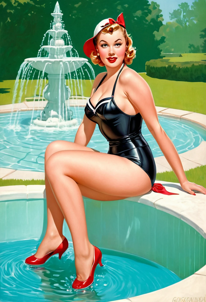 woman in swimming costume, calfskin and cap sitting in fountain, pin-up, pin - up, pin up, pinup art, pinup girl, pinup, pin-up poster girl, comic pinup style, pin - up girl, pinup girl, author Igor Grabar, pin up girl, fairy tale illustrations, pin up style poster, propaganda art, full colour illustration