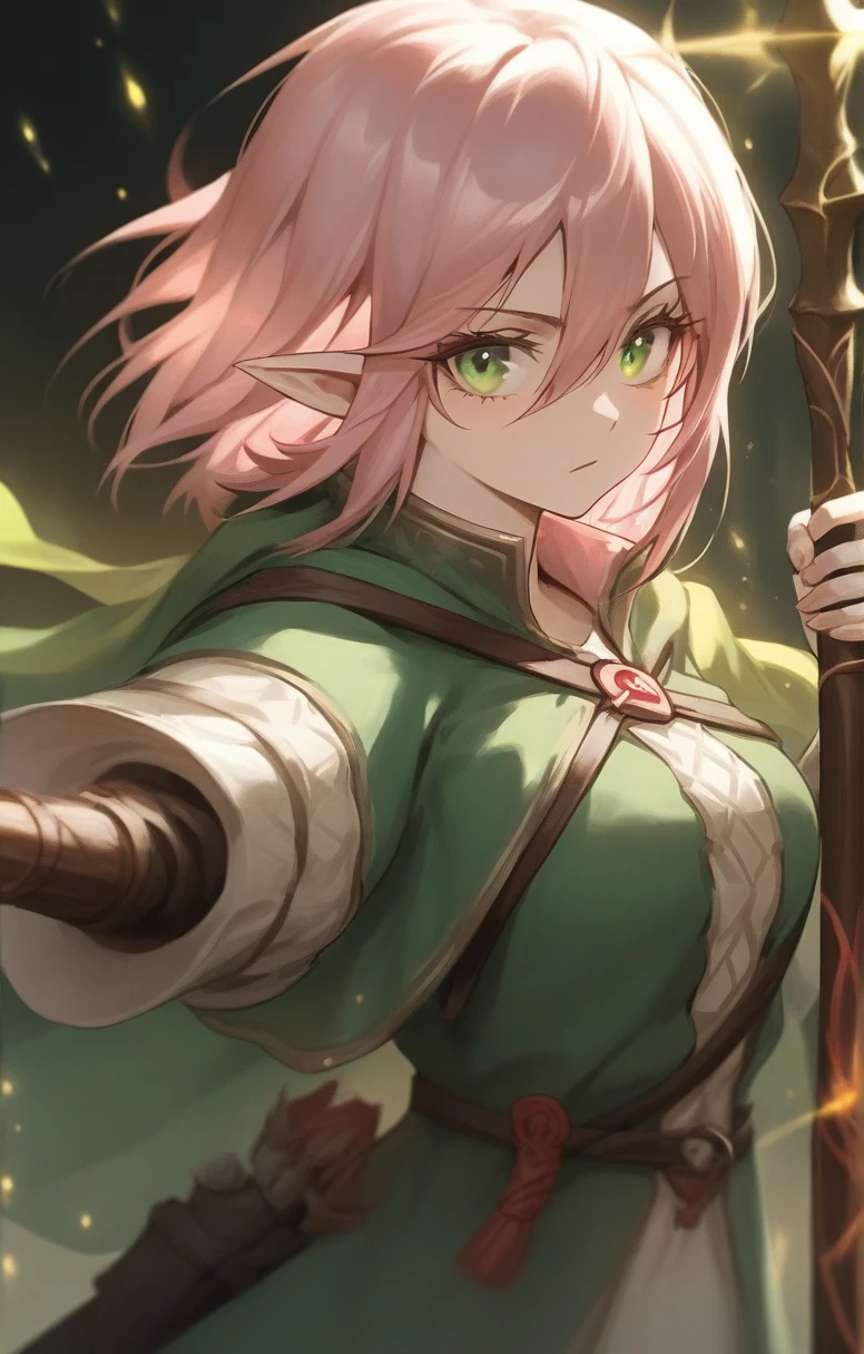 elf, woman, dnd, pink hair, adventurer, green cloak, elegant, wield staff, green eye, sun light, bust shot