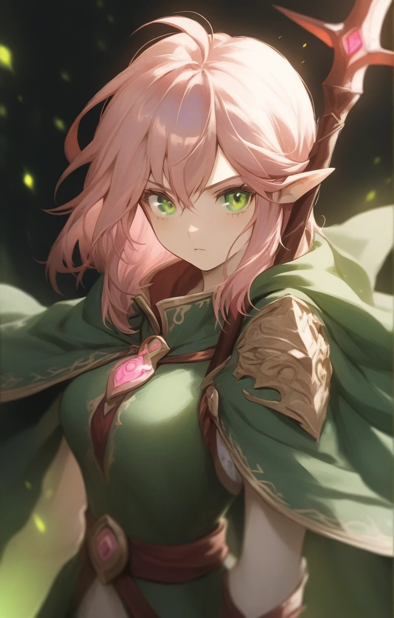 elf, woman, dnd, pink hair, adventurer, green cloak, elegant, wield staff, green eye, sun light, bust shot