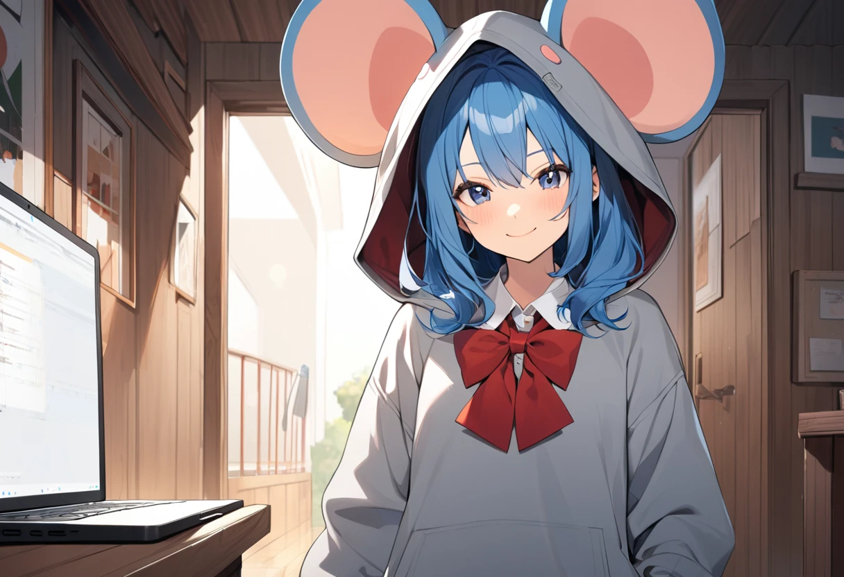 ((1girl)), face shot, Blue Hair Girl, Hoodie with hood, {gray hoodie, hood up,Hood with big mouse ears}, High , {White collared shirt, Red bow tie、Pleated skirt},Cowboy Shot、smile, Walking with a closed laptop、Black laptop、Inside the house