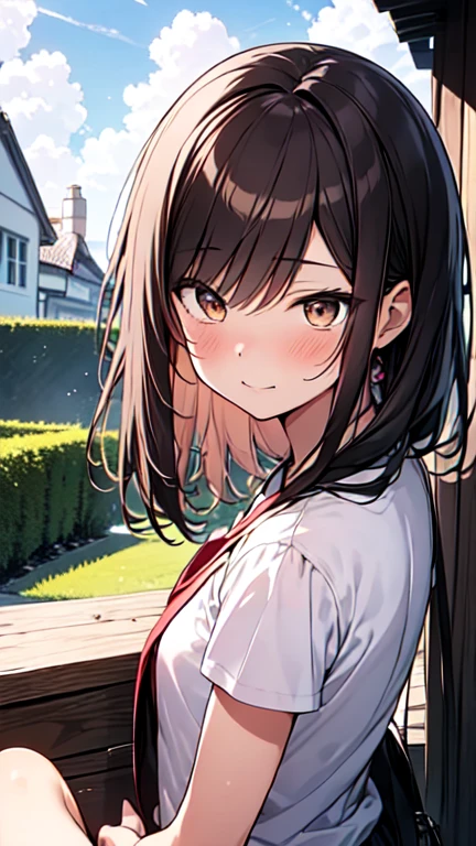 Let's think step by step,Highest quality, masterpiece, Ultra-high resolution, 8k,Show anime style ,Soft Line Art, Digital Enhancement, shojo anime touch, shojo manga core, Flowing fabric, close, Soft Drawing, Ultra-Definition Digital Anime Art, Clear facial depiction, Super detailed girl cartoon character art, Ultra-detailed manga style, Highest qualityの色, (((1People Women))),(A woman with short brown hair),Beautiful brown hair, (((Clear brown eyes))), Slightly chubby,Small breasts,The butt is small,grassland,White and blue summer outfit,Sunshine shining through the gaps in the clouds,Looking up at the sky,(Look Up),looking away,The sunshine hits my face,dazzling,Hold your right hand over your eyebrows to block the sunlight.,(arm front ahead ),Bright expression,A kind smile,Angle that allows you to see all the way to your toes