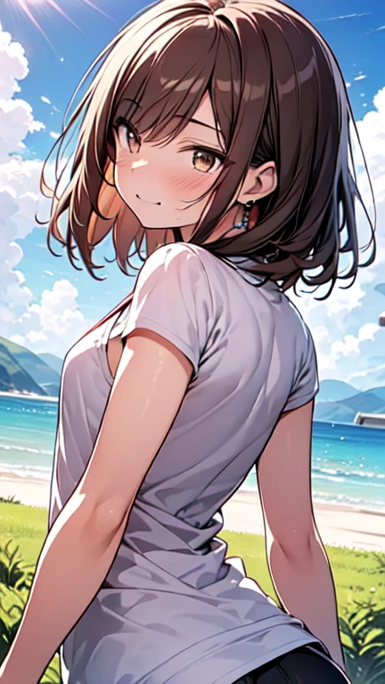 Let's think step by step,Highest quality, masterpiece, Ultra-high resolution, 8k,Show anime style ,Soft Line Art, Digital Enhancement, shojo anime touch, shojo manga core, Flowing fabric, close, Soft Drawing, Ultra-Definition Digital Anime Art, Clear facial depiction, Super detailed girl cartoon character art, Ultra-detailed manga style, Highest qualityの色, (((１People Women))),(A woman with short brown hair),Beautiful brown hair, (((Clear brown eyes))), Slightly chubby,Small breasts,The butt is small,grassland,White and blue summer outfit,Sunshine shining through the gaps in the clouds,Looking up at the sky,(Look Up),looking away,The sunshine hits my face,dazzling,Hold your right hand over your eyebrows to block the sunlight.,(arm front ahead ),Bright expression,A kind smile,Angle that allows you to see all the way to your toes
