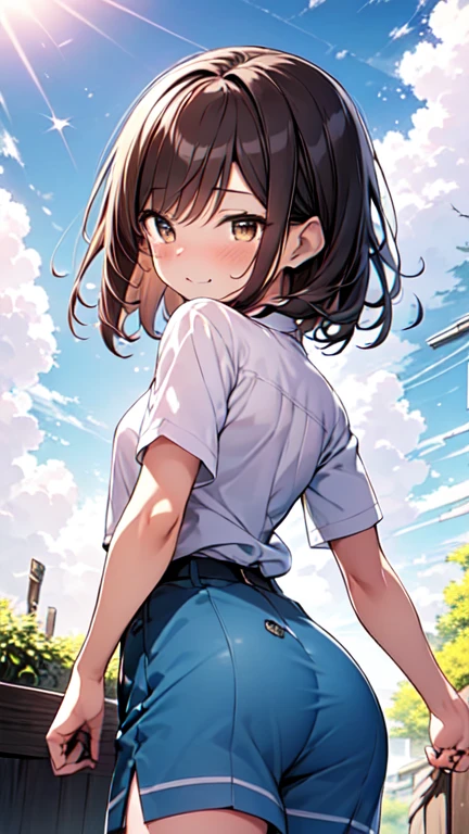 Let's think step by step,Highest quality, masterpiece, Ultra-high resolution, 8k,Show anime style ,Soft Line Art, Digital Enhancement, shojo anime touch, shojo manga core, Flowing fabric, close, Soft Drawing, Ultra-Definition Digital Anime Art, Clear facial depiction, Super detailed girl cartoon character art, Ultra-detailed manga style, Highest qualityの色, (((１People Women))),(A woman with short brown hair),Beautiful brown hair, (((Clear brown eyes))), Slightly chubby,Small breasts,The butt is small,grassland,White and blue summer outfit,Sunshine shining through the gaps in the clouds,Looking up at the sky,(Look Up),looking away,The sunshine hits my face,dazzling,Hold your right hand over your eyebrows to block the sunlight.,(arm front ahead ),Bright expression,A kind smile,Angle that allows you to see all the way to your toes
