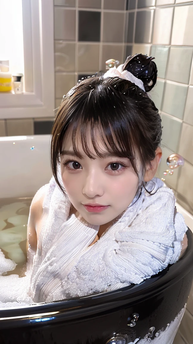 (masterpiece, Highest quality:1.3), smile、(Very detailed:1.2), (hyperRealistic:1.3), (RAW Photos:1.2),High resolution raw color photos, Professional photos, (PhotoRealistic:1.4), (Realistic:1.4),(Small Nose:1.4)、(smile:1.4)、Big eyes、(Focus on the face:1.8)、Long eyelashes、Professional Lighting, Perfect Anatomy, (Super big breasts:1.2), (Detailed face), (Cute appearance:1.5), (Long black hair、Bun Hair:1.5), (Beautiful woman taking a bubble bath: 1.3)、(Take a bath full of bubbles:2.0)、(Selfie:1.4)、(Wrapped in a bath towel:1.8)