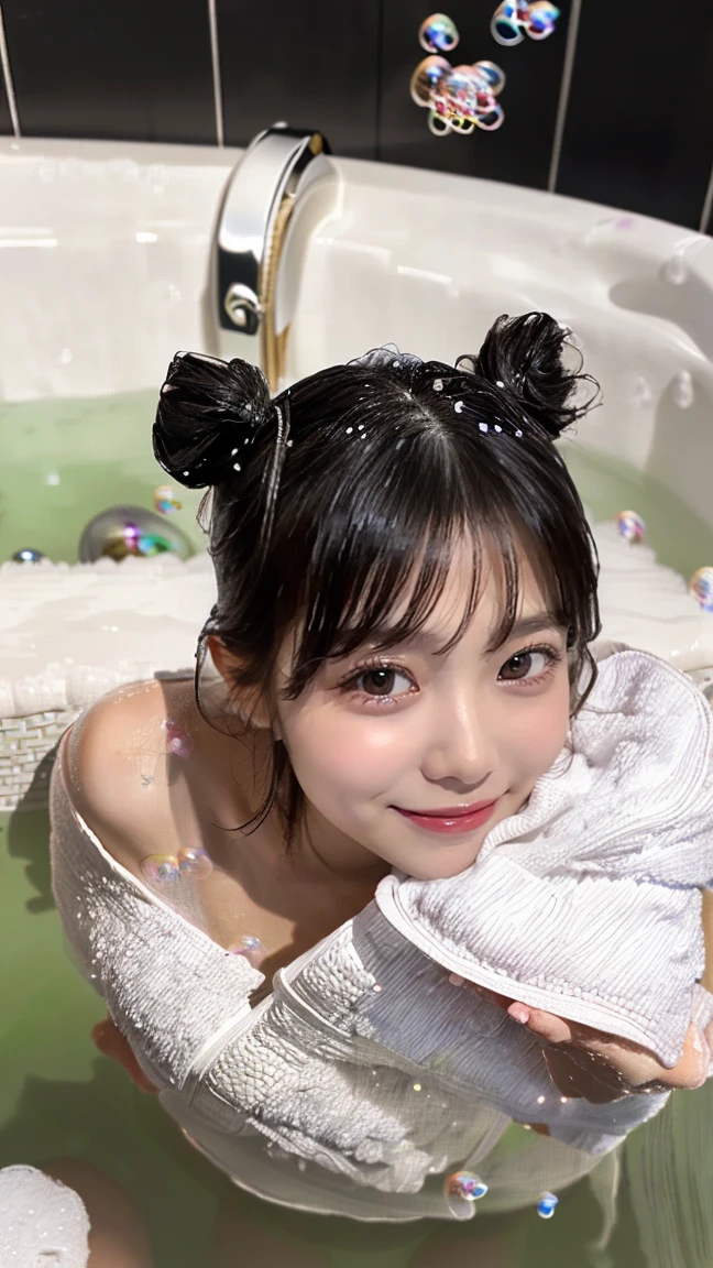 (masterpiece, Highest quality:1.3), smile、(Very detailed:1.2), (hyperRealistic:1.3), (RAW Photos:1.2),High resolution raw color photos, Professional photos, (PhotoRealistic:1.4), (Realistic:1.4),(Small Nose:1.4)、(smile:1.4)、Big eyes、(Focus on the face:1.8)、Long eyelashes、Professional Lighting, Perfect Anatomy, (Super big breasts:1.2), (Detailed face), (Cute appearance:1.5), (Long black hair、Bun Hair:1.5), (Beautiful woman taking a bubble bath: 1.3)、(Take a bath full of bubbles:2.0)、(Selfie:1.4)、(Wrapped in a bath towel:1.8)