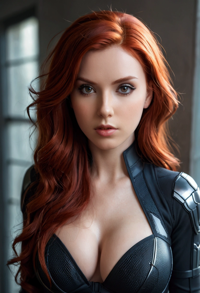 ultra realistic, photography, long red hair, girl, 24 years old, hourglass figure, perfect body, Flirty look, extremely detailed artgerm, in the style artgerm, facing the camera, lens 35 mm, blur background, black widow cosplay